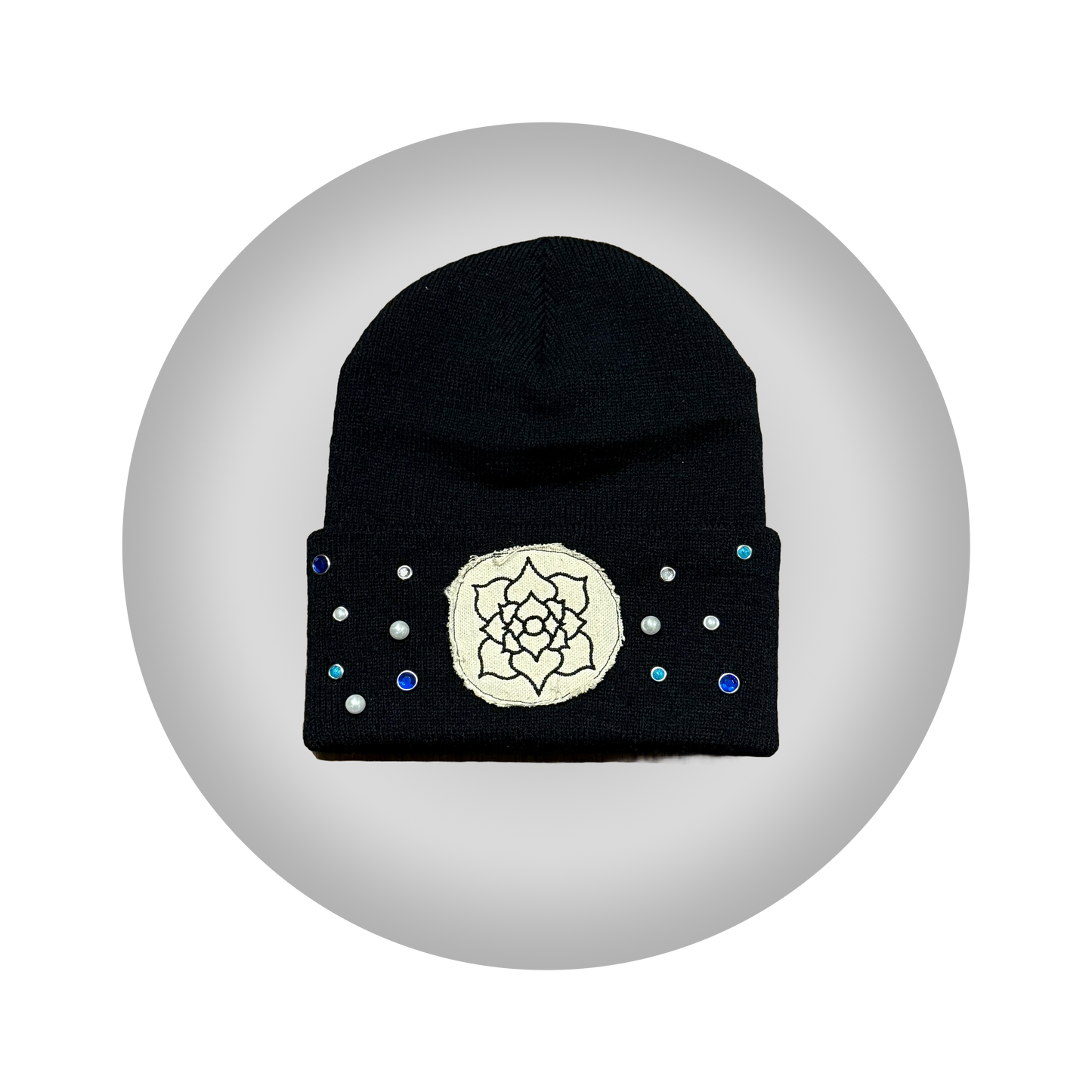 CANVAS TURQUOISE RHINESTONES & PEARLS BEANIE