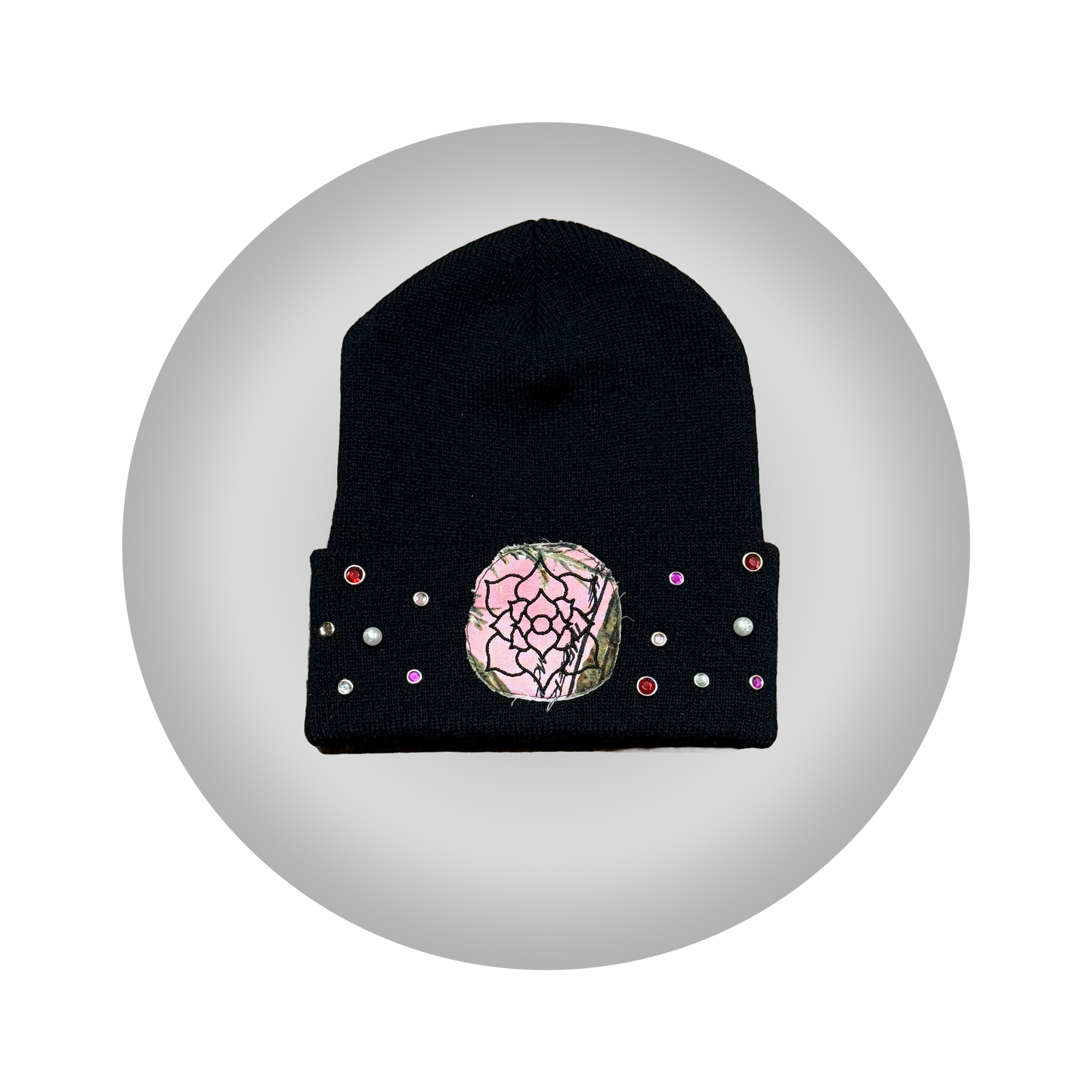 PINK CAMO RHINESTONE & PEARLS BEANIE